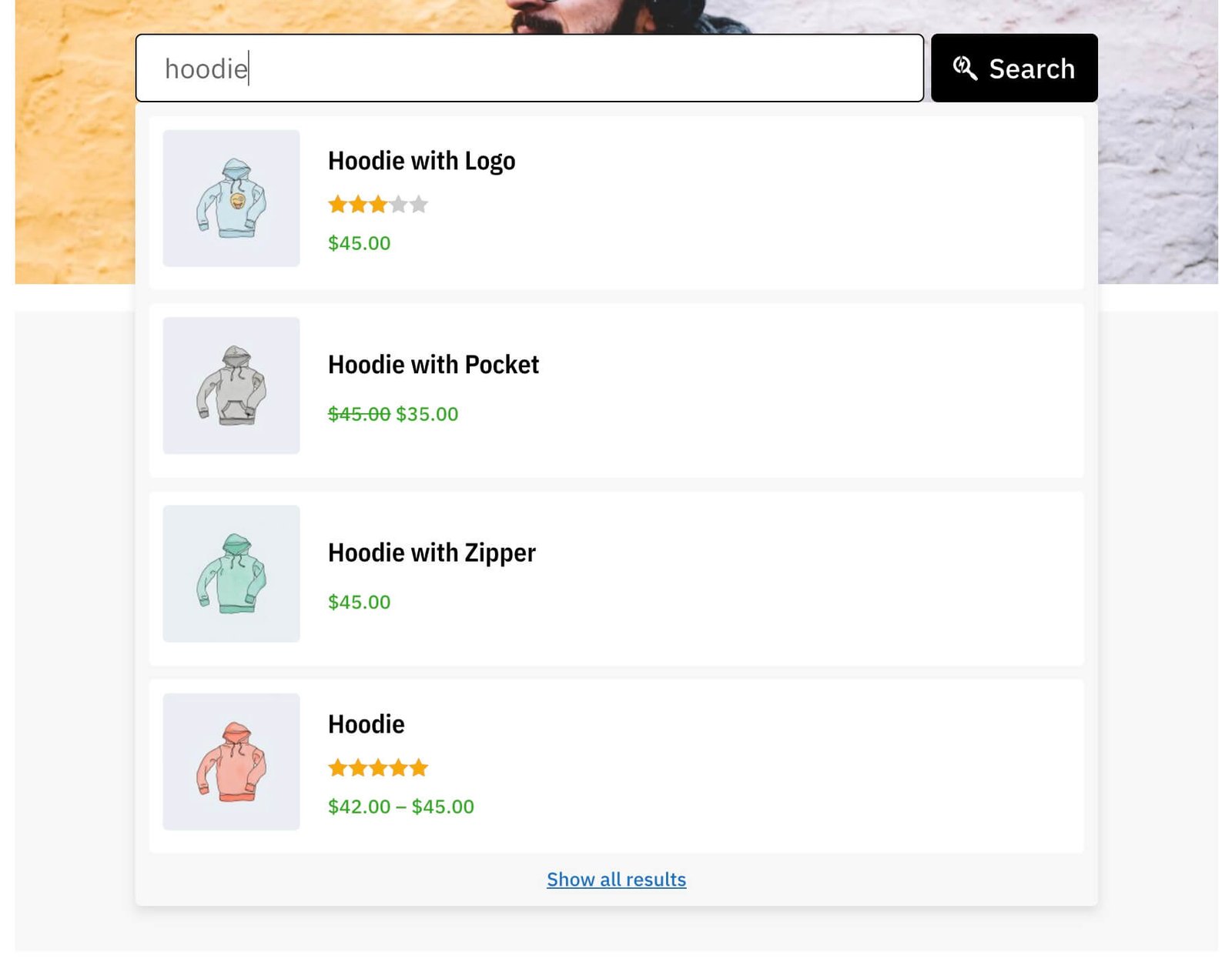 AJAX product suggestions appearing below a WooCommerce search field
