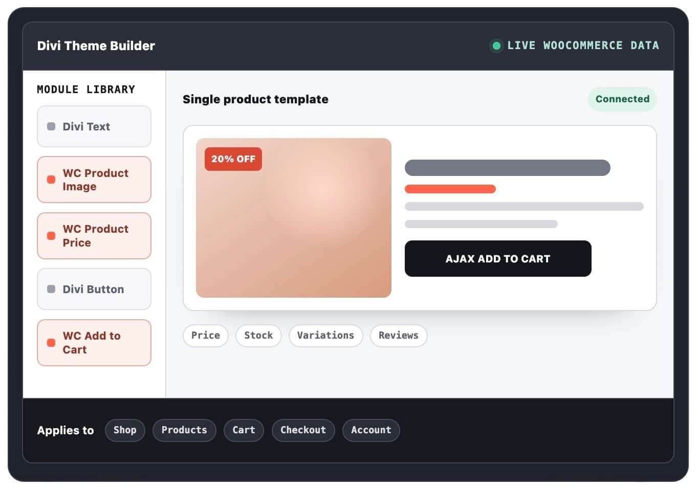 WooCommerce Builder modules used with Divi Theme Builder across WooCommerce pages