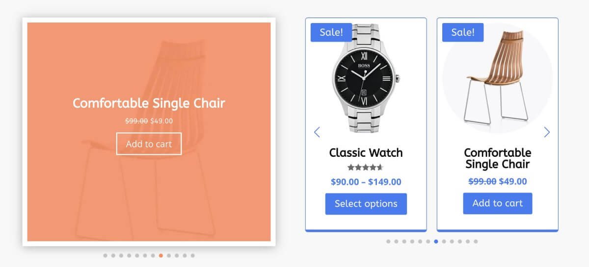 WooCommerce products arranged in a compact carousel row